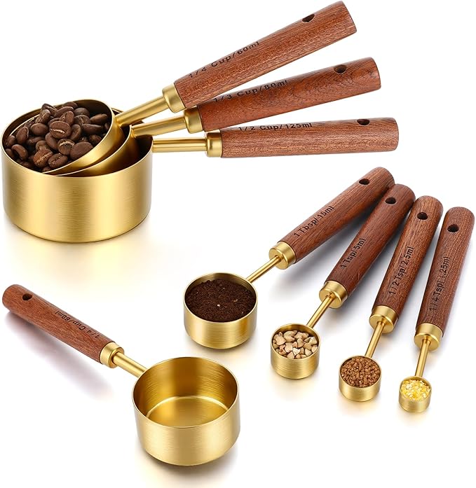 8Pcs Measuring Cups and Spoons Set, Gold Stainless Steel Measuring Cups with Wooden Handle, Nesting Measure Spoons and Cup Kitchen Measure Set for Kitchen/Food/Baking