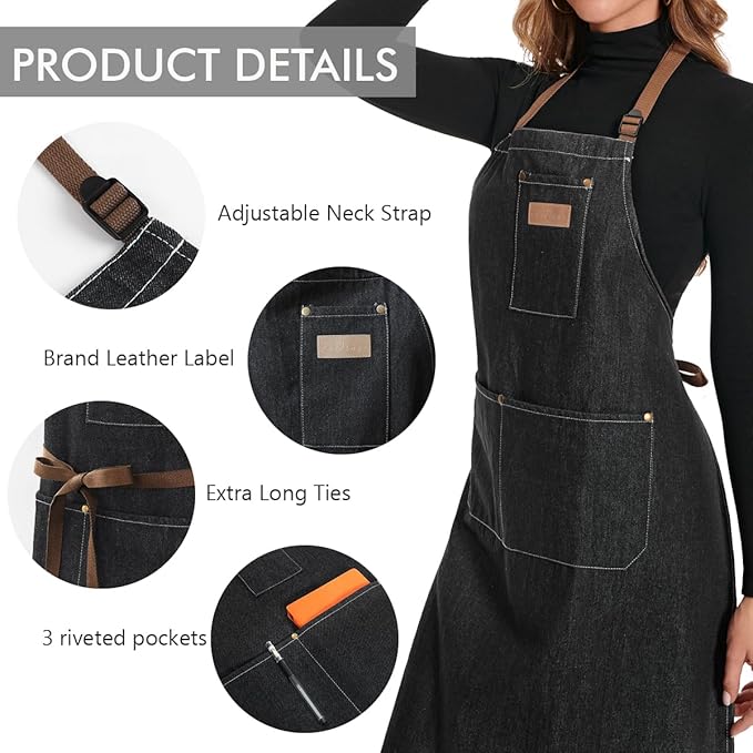 ROTANET Denim Work Apron with 3 Pockets Jean Shop Aprons for Chef Hairstylist Kitchen Woodworking for Men Women Blue Black