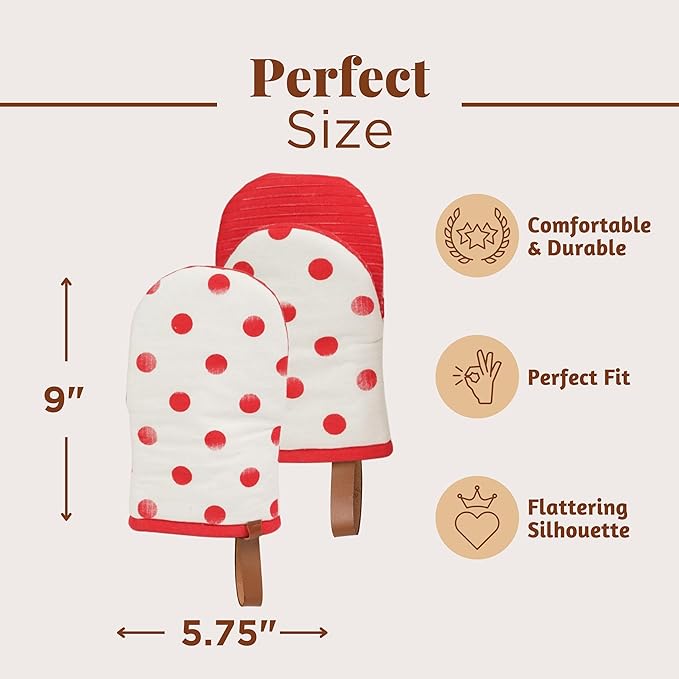 Folkulture Oven Mitts - Set of 2 (5.75"x9") | Polka Red Oven Mitts with Hanging Loop for Cooking Gifts, Kitchen Decor| 100% Cotton, Silicone Heat Resistant Mini Mitts for Kitchen Essentials