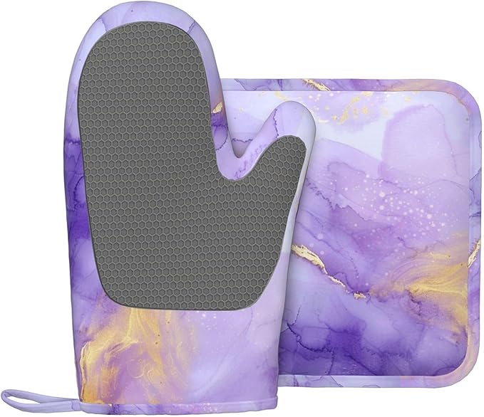 Oven Mitts and Pot Holders Pastel Purple Marble Silicone Kitchen Accessories Set of 2 Heat Resistant Long Gloves Potholder Non-Slip Grip for Chef Cooking Baking Grilling BBQ