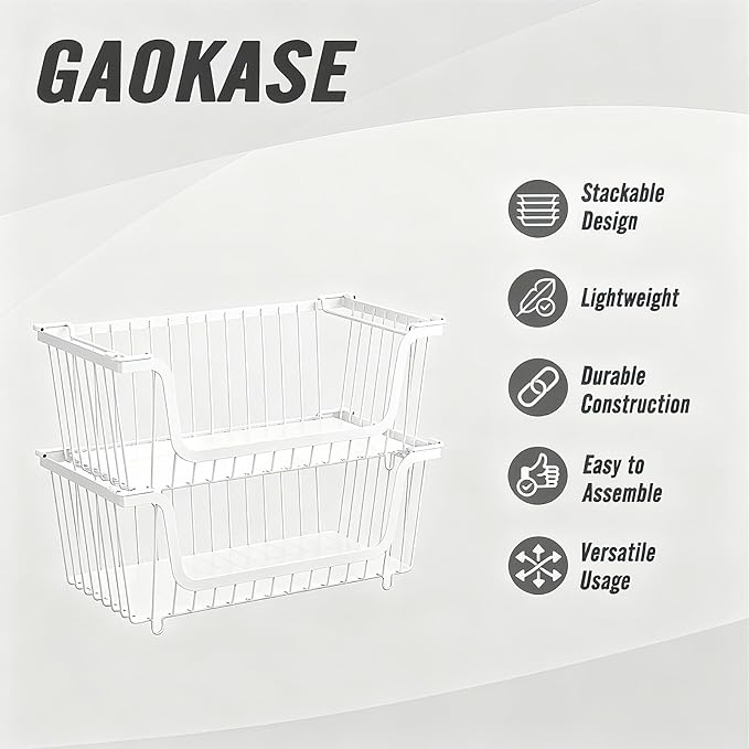 GAOKASE 4 Pcs Stackable Wire Baskets for Pantry Organizers and Storage,Vegetable Fruit Basket for Countertop,Kitchen Storage Metal Baskets,Produce Potato Onion Storage Bin,White