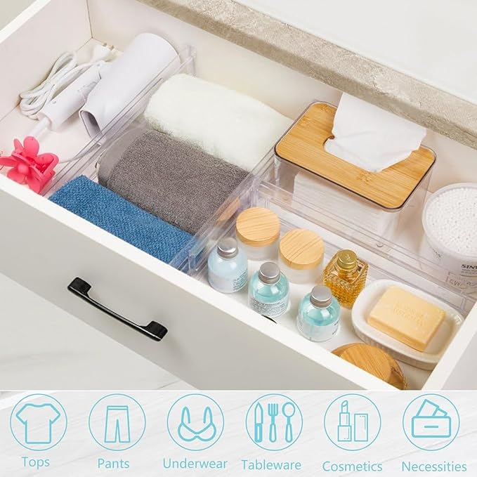 Adjustable Drawer Dividers for Clothes and Kitchen, 8 Pack Expandable Drawer Organizers, Clear Plastic Separators for Dresser, Utensil, Cutlery, Clothing, Underwear, and Office Storage