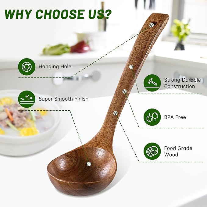 2PCS Wooden Ladle Set, wood ladle and Wooden Pasta Spoon with Hole, Durable Natural Wood, Non Scratch Cooking Tools for Soup, Pasta and Stirring