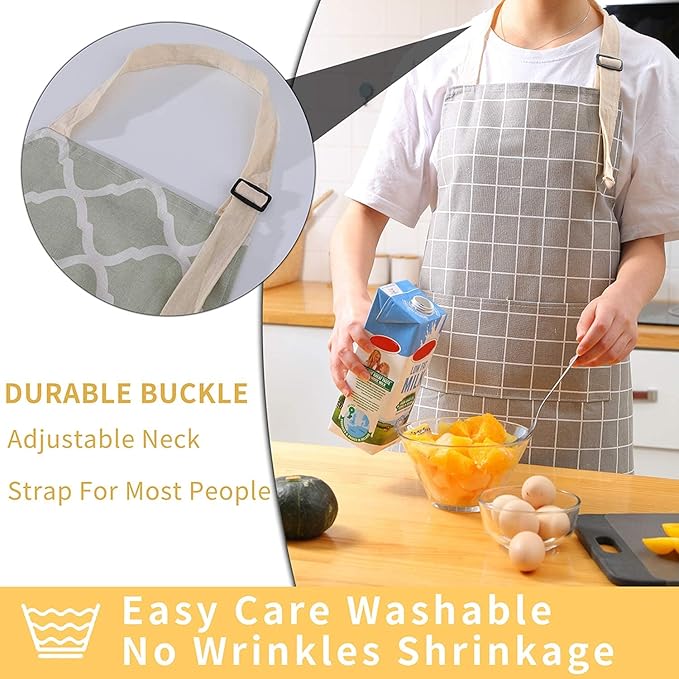 Tosewever 2 Pack Cotton Adjustable Bib Apron for Women, Cooking Kitchen Aprons with Pockets BBQ Drawing, Mom Woman Men Chef (Cotton - Grey/Green, 2)