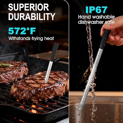 Wireless Meat Thermometer Bluetooth Digital, Smart Meat Thermometer Digital with IP67 Waterproof Probe ±1.8°F Accuracy, Rechargeable Thermometer for Grill, Smoker & BBQ