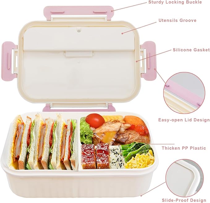 Bento Box Adult, 1800 ML Bento Lunch Box for Kids Children with 3 Compartments, Lunch Food Containers with Spoon & Fork, Microwave & Dishwasher Safe, BPA-Free and Food-Safe Materials(Pink)