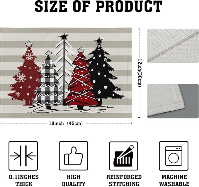 Xmas Tree Placemats Set of 4 Red Black Buffalo Plaid Pine Tree Non-Slip Washable Place Mats Stripe Decoration Table Mats 12 x 18 Inch for Winter Tabletop Holiday Party