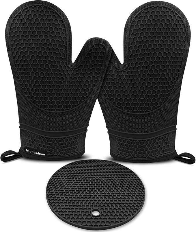 3PCS Silicone Oven Mitts and Pot Holders Sets for Kitchen, Oven Gloves Heat Resistant 500°F, Non-Slip Silicone Potholder 7.1”, Thick Oven Mitts & Thick Hot Pads Protection for Cooking, Black