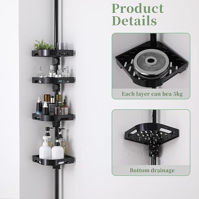 akinbas Tension Pole Shower Caddy Organizer with4 Tier L-Shaped Rust Resistant Bathroom Corner Shelves with 34-124 Inch Adjustable No Drilling Quick Install Shower Rack for Bath Essentials (Black)