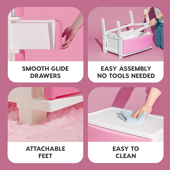 IRIS USA Plastic Drawer Storage Organizer, 4-Drawers, for Art Supplies Bathroom Dorm Bedroom Laundry Room, Wide, White Frame with Matte Pink Front Panels