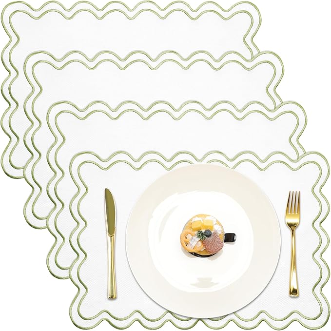Set of 4 Cotton Linen Placemats, 13x19 Inch Scalloped Wavy Embroidery Placemat Double Layered Washable Rustic Rectangle Dinner Table Mats for Kitchen Wedding Home Party Decor(White)