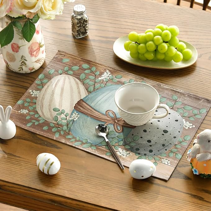 Artoid Mode Wood Eucalyptus Eggs Easter Placemats Set of 4, 12x18 Inch Spring Seasonal Table Mats for Party Kitchen Dining Decoration