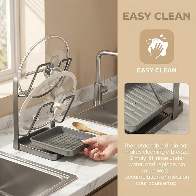 Pot Lid Organizer for Countertop & Cabinet, Carbon Steel Pan Lid Holder with Removable Drip Tray, Easy-Clean Kitchen Lid Storage Rack for Pots & Pans, Black-Gray (Black-Gray)