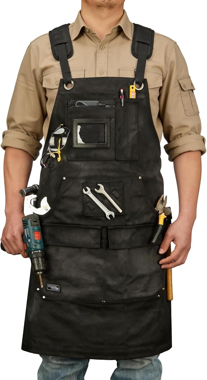 COOLJOB 16oz Waxed Canvas Work Apron with Tape Holder, Deep Pockets and Adjustable Strap, Men's Oversized Shop Apron