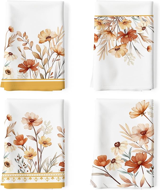 Fall Boho Flower Tea Towels, Cotton Kitchen Towel 18.9 × 27.5 inch, Quick Drying Dish Cloth for Party Anniversary Holiday Decoration Housewarming Gifts
