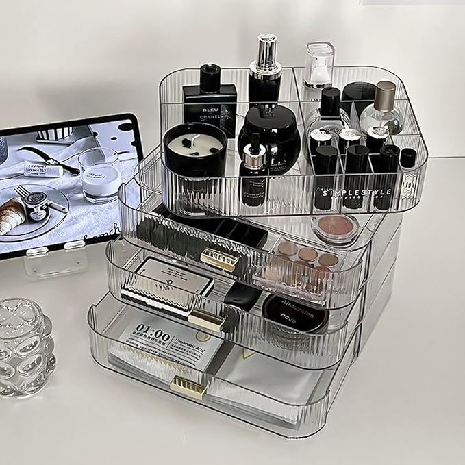 Makeup Organizer with Drawers, Stackable Cosmetics Organizer, Large Make Up Organizer Storage Box, Ideal for Bathroom Countertop and Desk (1 x Drawer, Clear)
