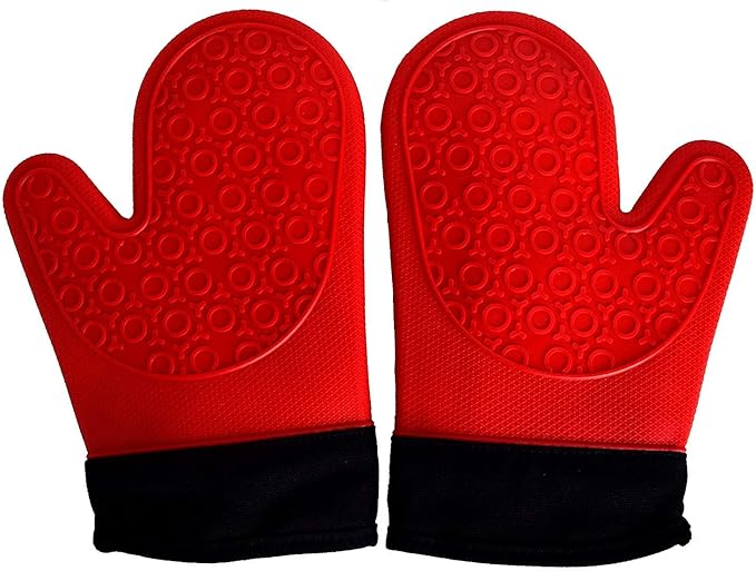 2PCS Red Black Professional Extra Large Silicone Oven Mitts and Pot Holders Oven Gloves Heat Resistant Gloves Kitchen Mittens BBQ Holders for Cooking Grill Rubber for Cooking