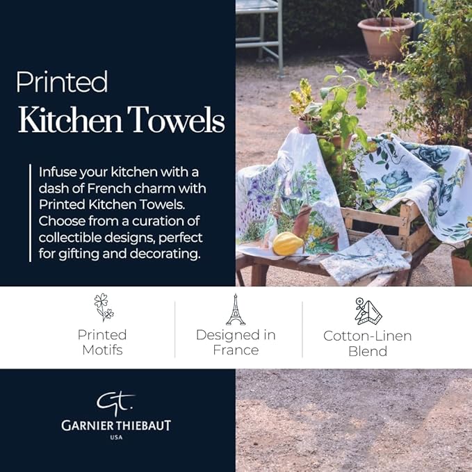 Garnier Thiebaut Giardino Bleu Kitchen Towel 20"x28", Cotton-Linen, Printed