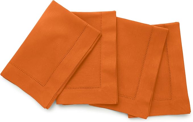 Solino Home Cloth Napkins Set of 4 - Cotton Linen Hemstitch Pumpkin Dinner Napkins 20 x 20 Inch - Handcrafted and Machine Washable