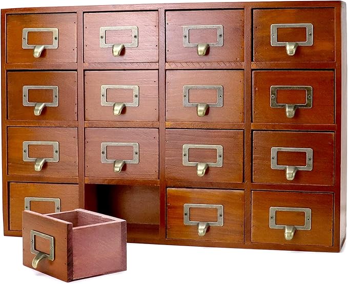 QWORK Desk Drawer Organizer, Wooden Vintage Apothecary Cabinet with 16 Drawers, Home Office & Tea & Dresser Bedroom Organization and Storage, Traditional Apothecary Cabinet, Brown