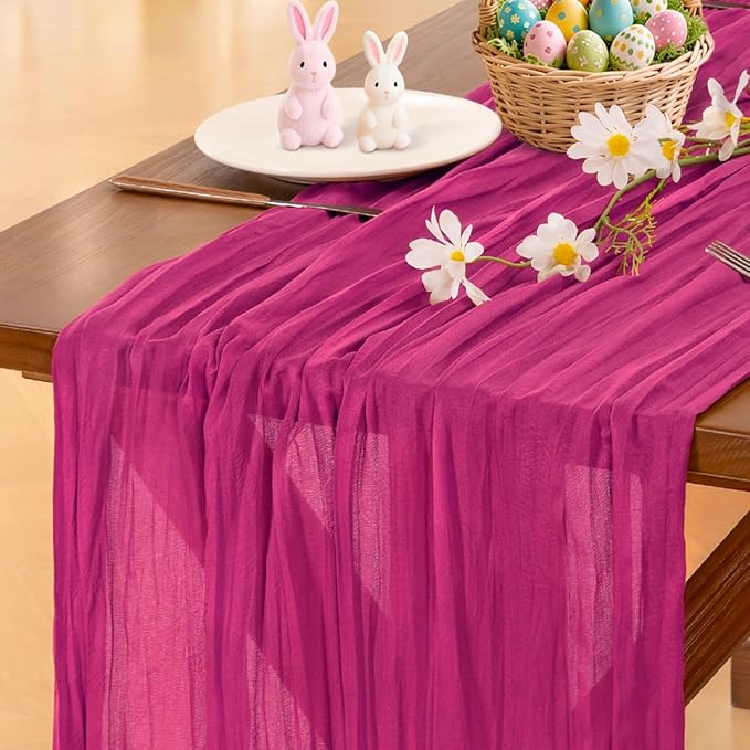 Socomi Hot Pink Spring Easter Cheesecloth Table Runner Fuchsia Boho Rustic Gauze 120 inch 10FT Cheese Cloth Runner for Wedding Party Baby Shower Birthday Home Decor