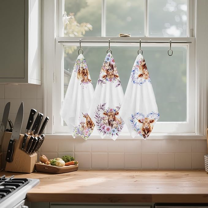 3 Pcs Cow Kitchen Towels, Colorful Flower Soft Absorbent Hand Tea Towel, Microfiber Dish Cloths for Drying Dishes, Waffle Dish Towels for Kitchen Farmhouse Decor, Cow Gifts for Women Mom