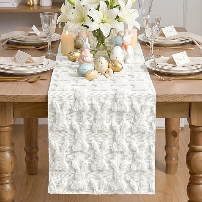 Artoid Mode White Soft Plush Faux Fur Jacquard Bunny Rabbit Easter Table Runner, Seasonal Kitchen Dining Table Decoration for Home Party Decor 13x48 Inch