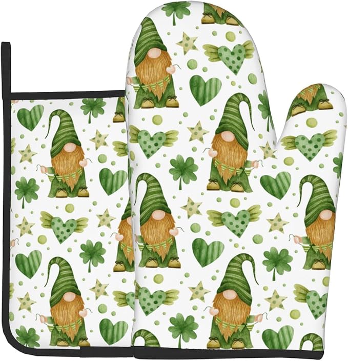 St. Patrick's Day Gnome Oven Mitts and Pot Holders Heat Resistant Oven Mitts Safe for Baking Cooking BBQ