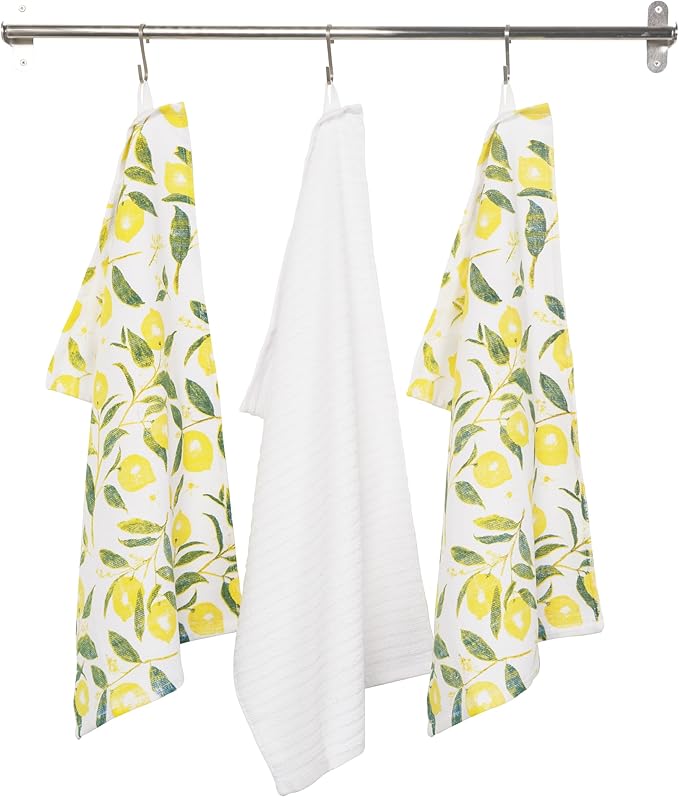 KAF Home Pantry Set of 3 Reverse Terry Print Kitchen Towels, Over-Sized 16 x 28-inch, 100 Percent Cotton (Lemons)