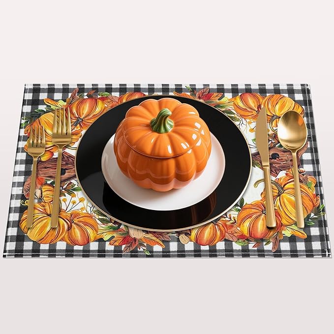 Bloss Thanksgiving Placemats Set of 4 Pumpkin Leaves Fall Placemats,Autumn Decorations Clearance,12x18Inch Plaid Place Mats,Thanksgiving Kitchen Dining Table Place mats for Fall Decorations