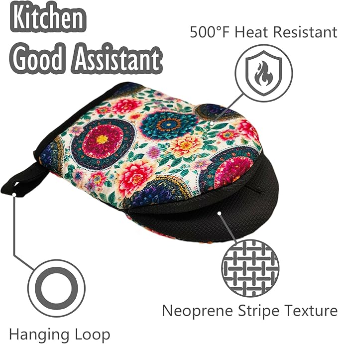 Boho Floral Oven Mitts, High Heat Resistant Kitchen Oven Gloves, Mini Silicone Oven Mitts, Non-Slip Grip Surfaces and Hanging Loop for Grilling, Baking, Cooking and Microwave, Gift