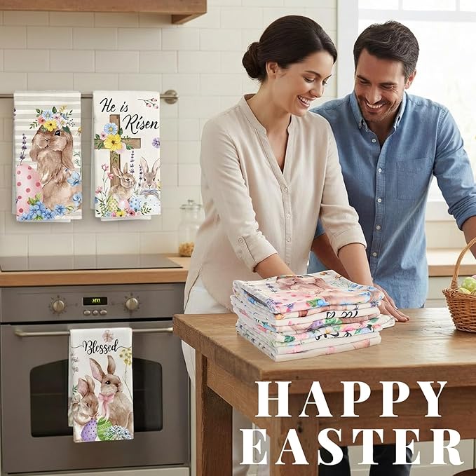Breling Set of 6 Easter Decorations Happy Easter Kitchen Towels Rabbit Dish Towel Bathroom Decorative He is Risen Religious Christian Hand Cloths for Home Decorations Spring, 14 x 21 Inch