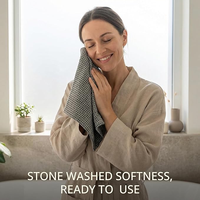 100% European Linen Hand Towels for Kitchen & Bath - Set of 2 - Waffle Weave, Highly Absorbent & Quick-Dry - 14 x 28 in - Stone Washed Flax