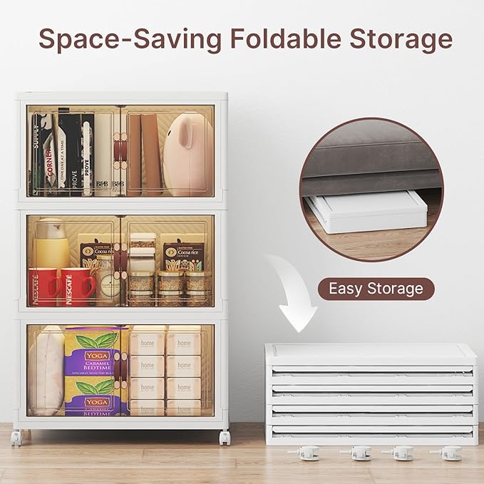 UAMFURI Stackable Storage Bins with Lids, 144QT Closet Organizers, Lockable Storage Cabinet, Foldable Storage Box with Doors and Wheels, Plastic Drawers for Home, Garage, Office (3, White, Medium)