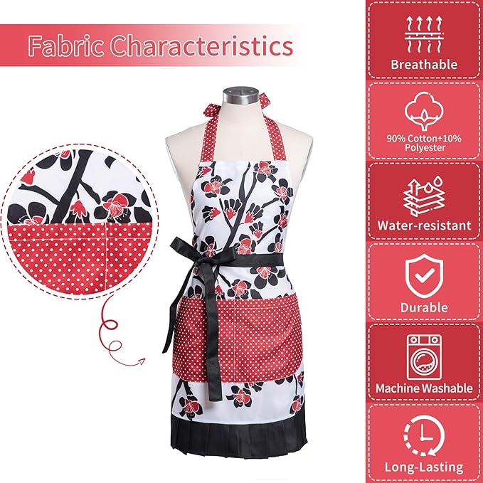 Lovely Flower Pattern Retro Aprons With Large Pockets for Women Girls Cooking Kitchen Bakery Mother's Gift