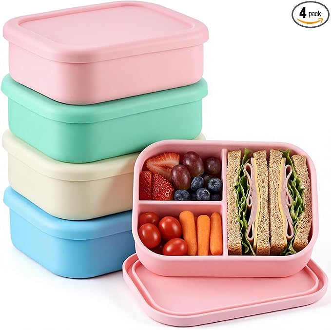 Layhit 4 Pcs Silicone Bento Box for Adults, 27 oz Bento Lunch Container Reusable 3 Compartment Lunchable Food Container for Women Men, Leak Proof Microwave Dishwasher Freezer Safe (Mint Colors)