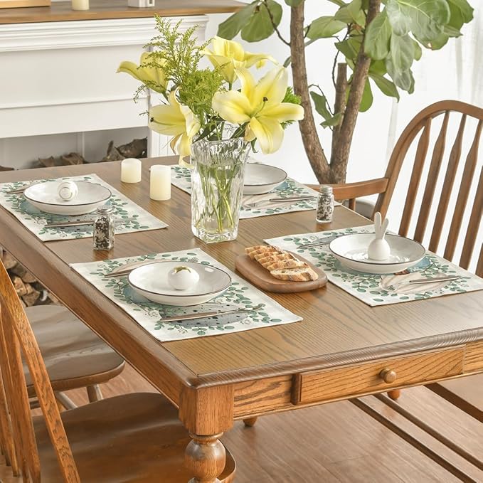 Artoid Mode Eucalyptus Eggs Easter Placemats Set of 4, 12x18 Inch Spring Seasonal Table Mats for Party Kitchen Dining Decoration