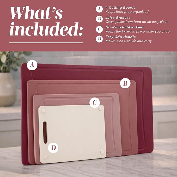 COOK WITH COLOR Non-Slip Cutting Board Set – Kitchen Essentials with Easy Grip Handle for Meat, Veggies, and Fruits, 4 Cutting Boards, Rose