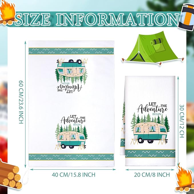 Boyiee Set of 6 Camping Kitchen Towels White Absorbent Dishcloth Bonfire Tent Car Tea Towels 24 x 16 Inches with Funny Sayings Novelty Gifts for Campers Happy Camper Camping Accessories for Rv Campers