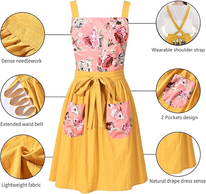 Pinknoke Vintage Pinafore Apron Dress for Women with Pockets Cute Floral Chef Aprons for Kitchen Cooking Baking Gardening