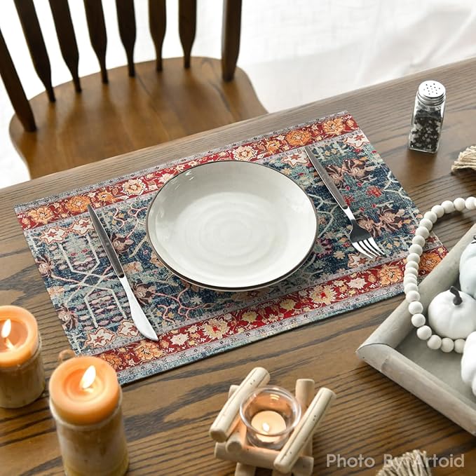 Artoid Mode Boho Bohemia Style Red Placemats Set of 4, 12x18 Inch Country Rustic Farmhouse Magical Fall Table Mats for Party Kitchen Dining Decoration