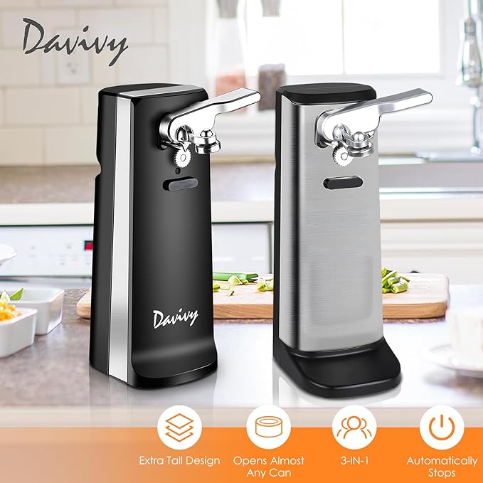 Davivy Electric Can Opener, One Touch Lid Opener, Removable Stainless Steel Cutter and 3-in-1 Design, with Sharpener and Bottle Opener (Black)