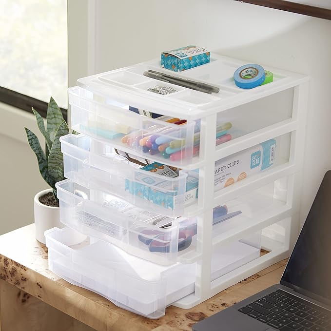 Gracious Living Drawer Organizer, 4-Tier Plastic Storage Desktop Drawers, White Frame - Desk Containers for Bathroom, Bedroom, Office, and Classroom Organization
