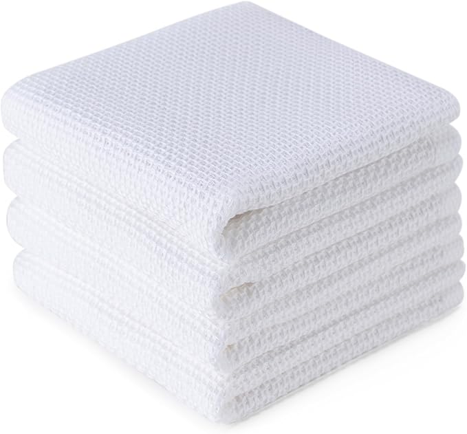 BOOMIBOO 4-Pack Dish Towels, 100% Cotton Waffle Weave, Ultra Soft Absorbent, Quick Drying, White, 13x28 Inches