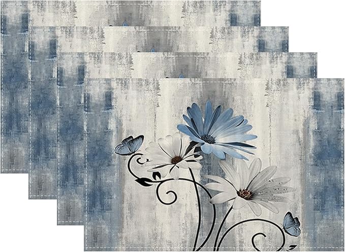 Floral Place mats Set of 4, 12x18 Inches Rustic Blue Daisy Flower Decorative Placemats Rectangle Summer Floral Table Mats for Party Home Kitchen Dining Table Decor