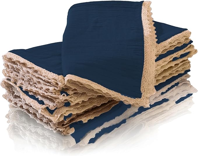 FINGERCRAFT Dinner Cloth Napkin Cotton Muslin Double Gauze 4 Pack with Classic Lace for Everyday Use, Wedding, Party, Christmas, Easter Napkins Cloth are Pre Shrunk and Good Absorbency Stellar