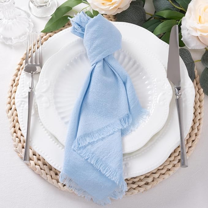 DeZerlor 12 Pack Baby Blue Cotton Linen Napkins with Fringe Spring Cloth Napkins Set of 12 Boho Handmade Dinner Napkins Bulk for Wedding Bridal Baby Shower Parties, 17 x 17 Inches