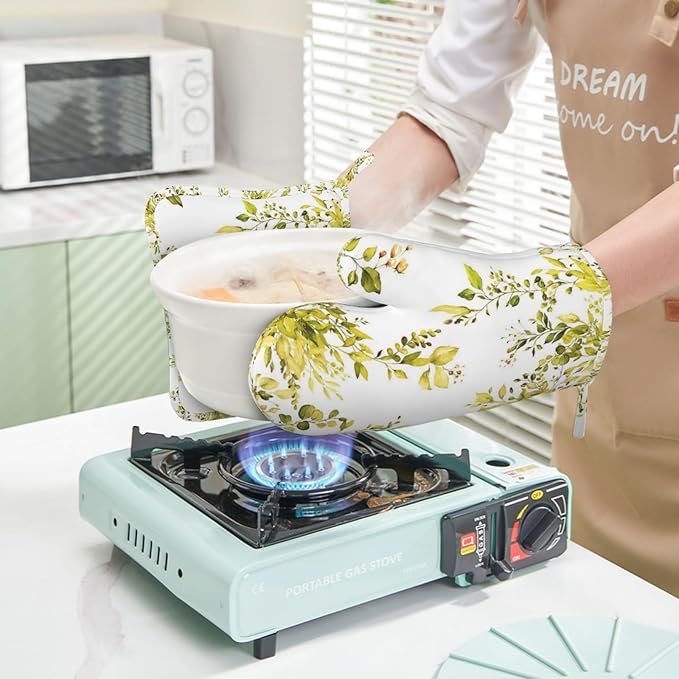 Yellow Eucalyptus Oven Mitts and Pot Holders Set, 4pcs Silicone Watercolor Plant Leaves with Floral Oven Glove for Kitchen Heat Resistant Oven Mitts and Potholders Non-Slip for Cooking