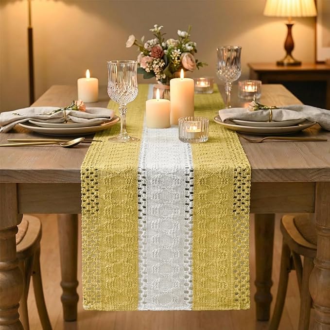 Artoid Mode Yellow Farmhouse Rustic Table Runner, Seasonal Hollow Kitchen Dining Table Decoration for Home Party Decor 12x90 Inch