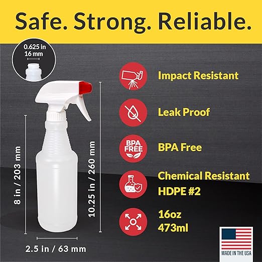 Pinnacle Mercantile Plastic Spray Bottles Leak Proof Technology Empty 16 oz Value Pack of 12 Made In USA